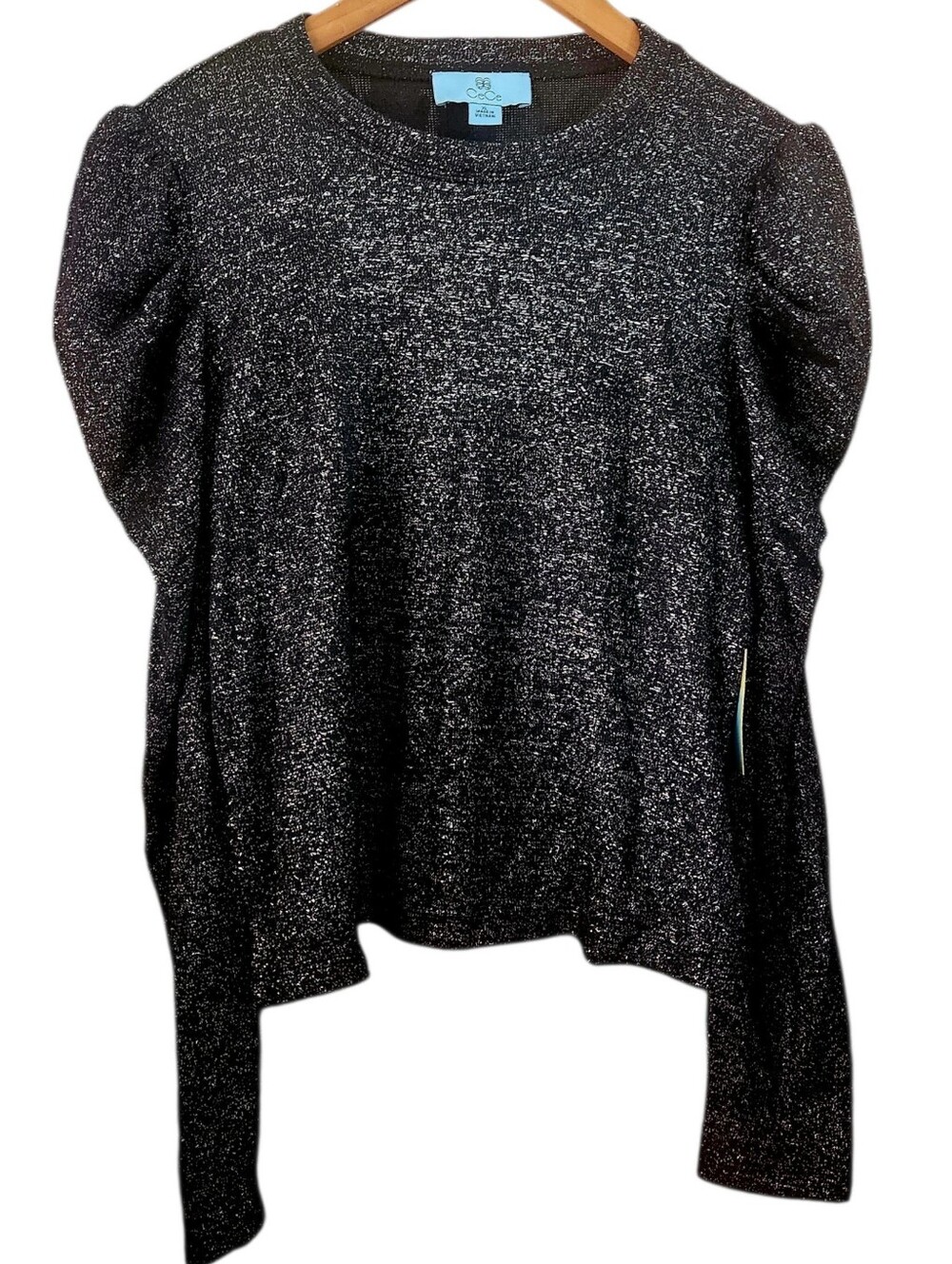 CeCe Black Silver Metallic Knit Puff Long Sleeve Sweater Top